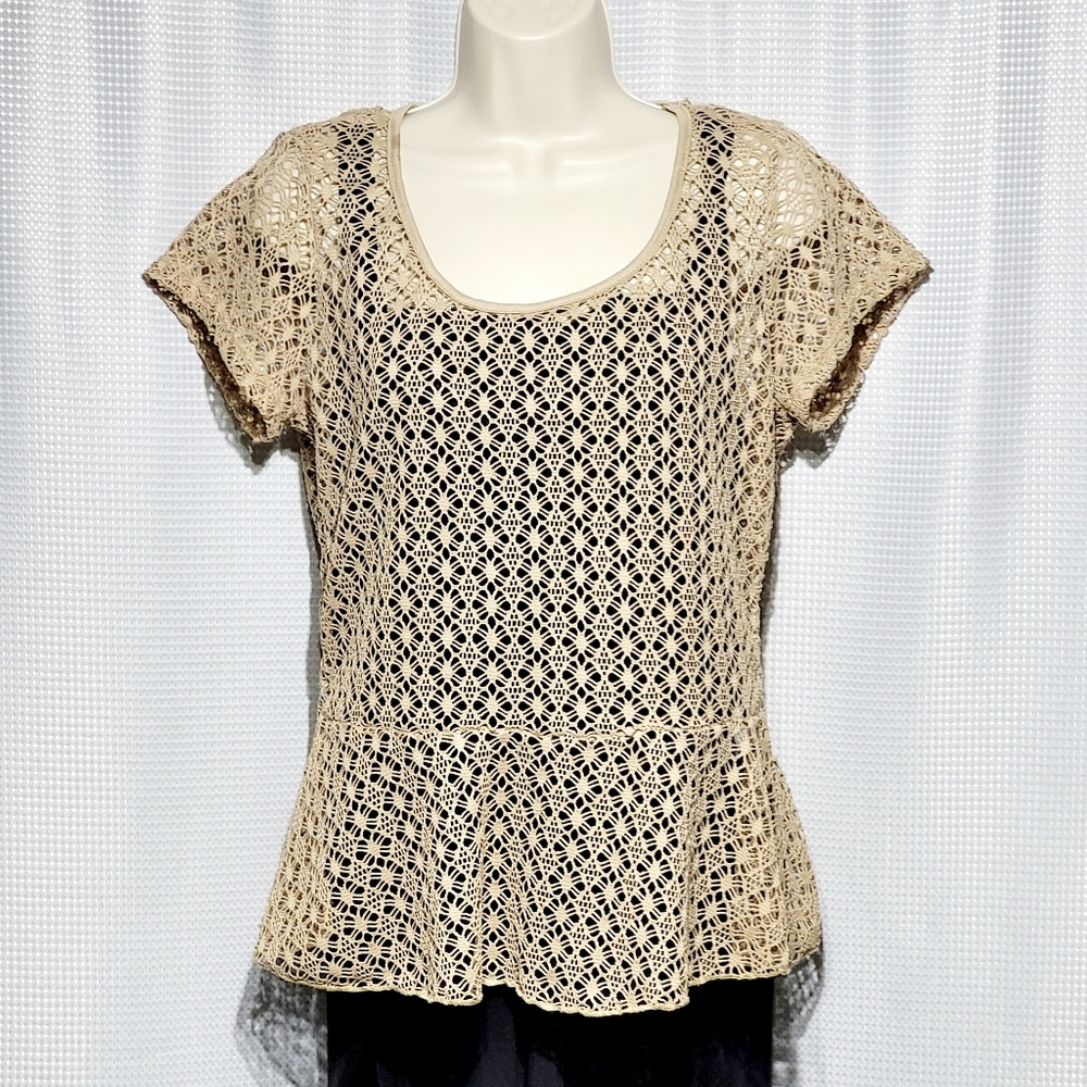 Lacey Crocheted Beige Top with a shimmer of metallic cap sleeve Top (L)
